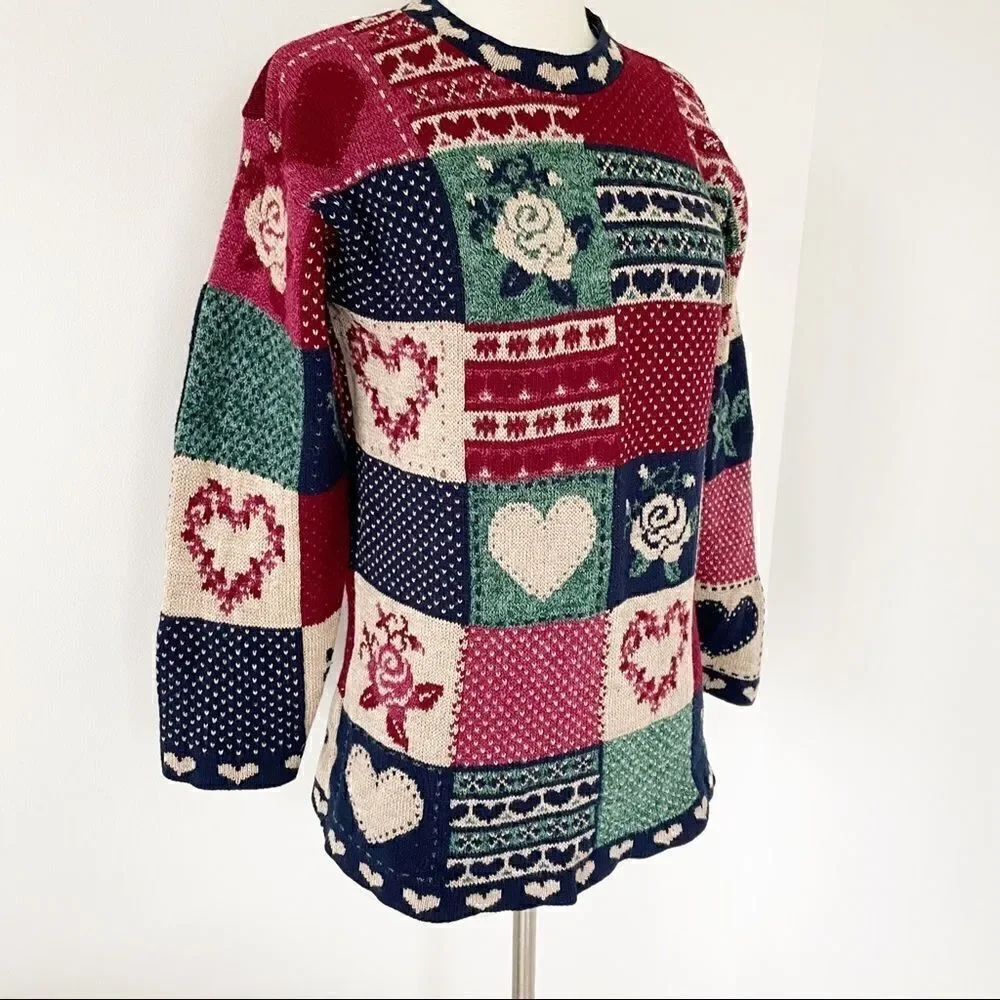 Vintage Crewneck Pullover Knit Sweater Floral Heart Patches Women Size XS Small - Picture 3 of 7